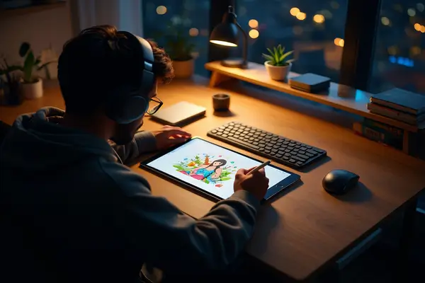 Close-up de uma pessoa usando uma caneta digital para desenhar em um tablet em um quarto escuro à noite. A iluminação é quente e focada apenas na mesa de madeira, que contém um teclado mecânico, um mouse e fones de ouvido profissionais. Ao fundo, uma estante com livros e uma pequena planta completa o ambiente acolhedor.