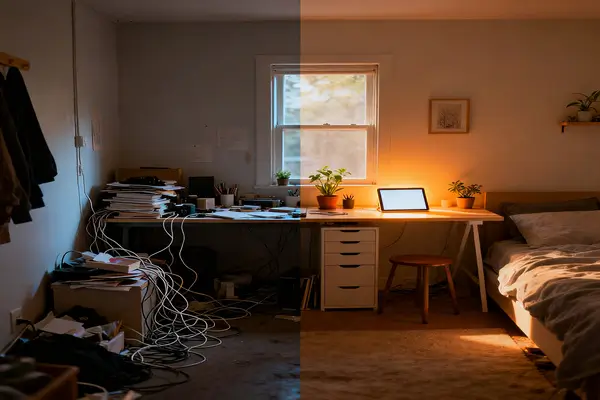 Antes e depois transformando um quarto pequeno em espaço criativo