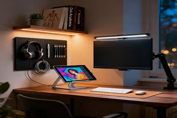 Mesa de canto organizada com tablet e caneta stylus para ilustração digital, luminária de mesa com luz quente e suporte para notebook em espaço pequeno.