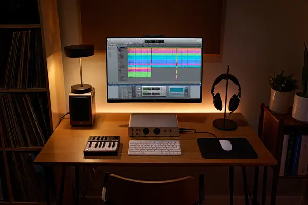 Fotografia de um home office compacto configurado como estúdio de música em um quarto. Sobre uma mesa de madeira, há um monitor com software de produção musical aberto, um mini teclado controlador MIDI, uma interface de áudio vermelha e fones de ouvido profissionais em um suporte. A iluminação é quente e acolhedora com fita LED ao fundo.